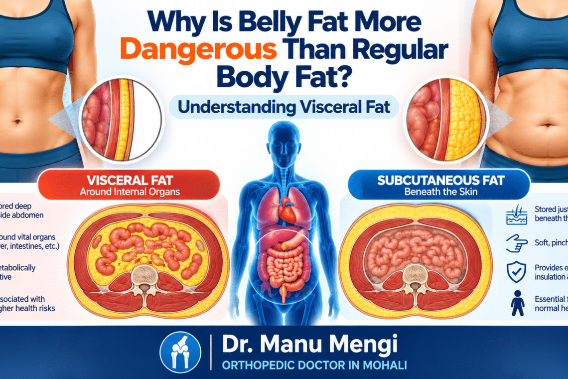 Illustration comparing visceral fat around abdominal organs with subcutaneous fat beneath the skin