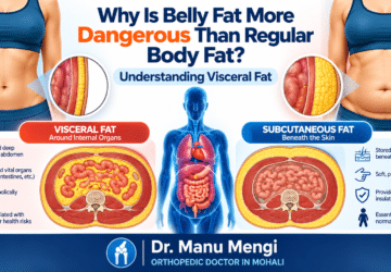 Illustration comparing visceral fat around abdominal organs with subcutaneous fat beneath the skin